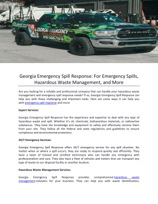 Georgia Emergency Spill Response-For Emergency Spills, Hazardous Waste Management, and More