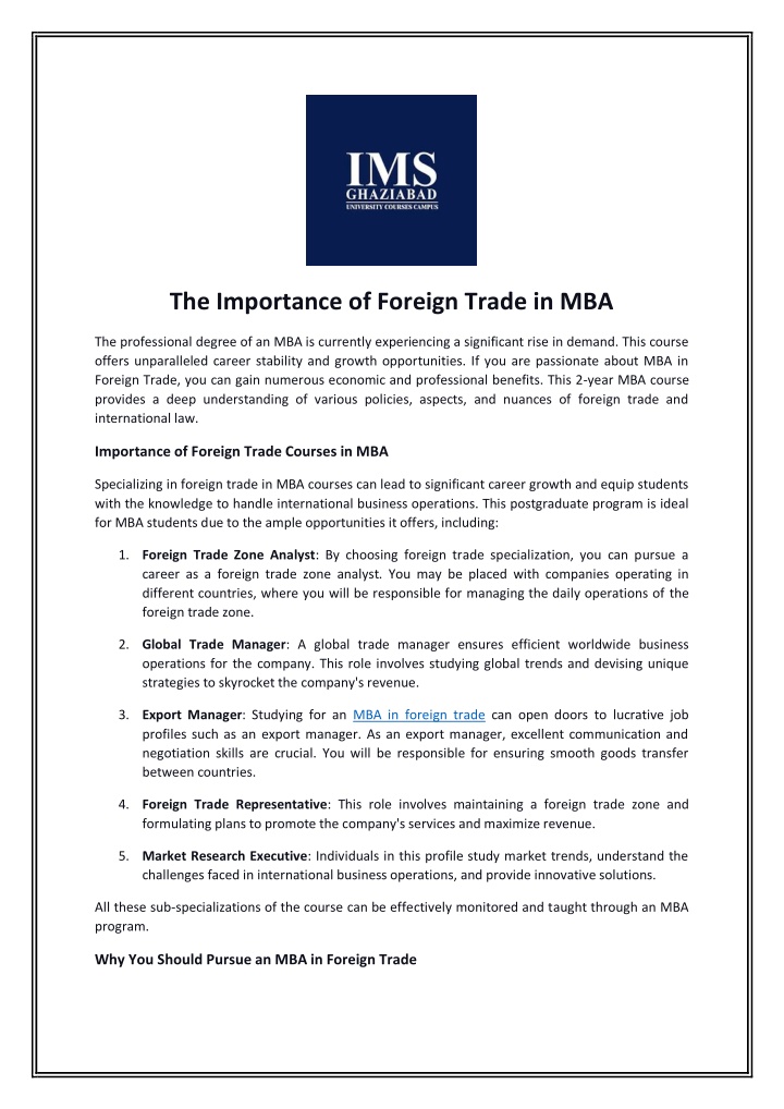 the importance of foreign trade in mba