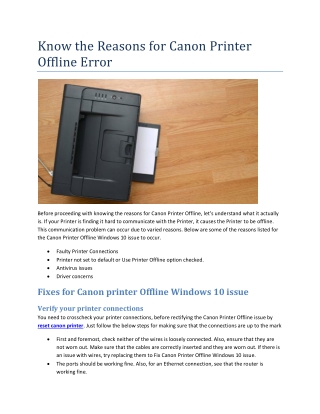 Know the Reasons for Canon Printer Offline Error