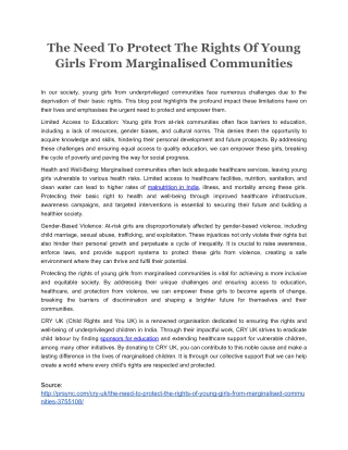 The Need To Protect The Rights Of Young Girls From Marginalised Communities