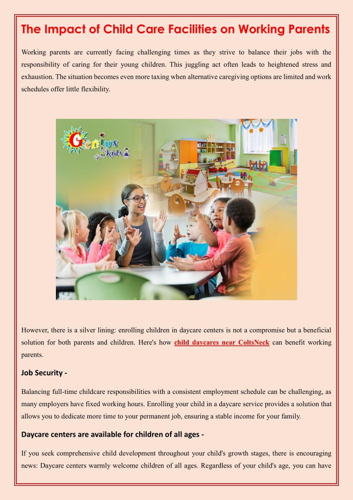 the impact of child care facilities on working