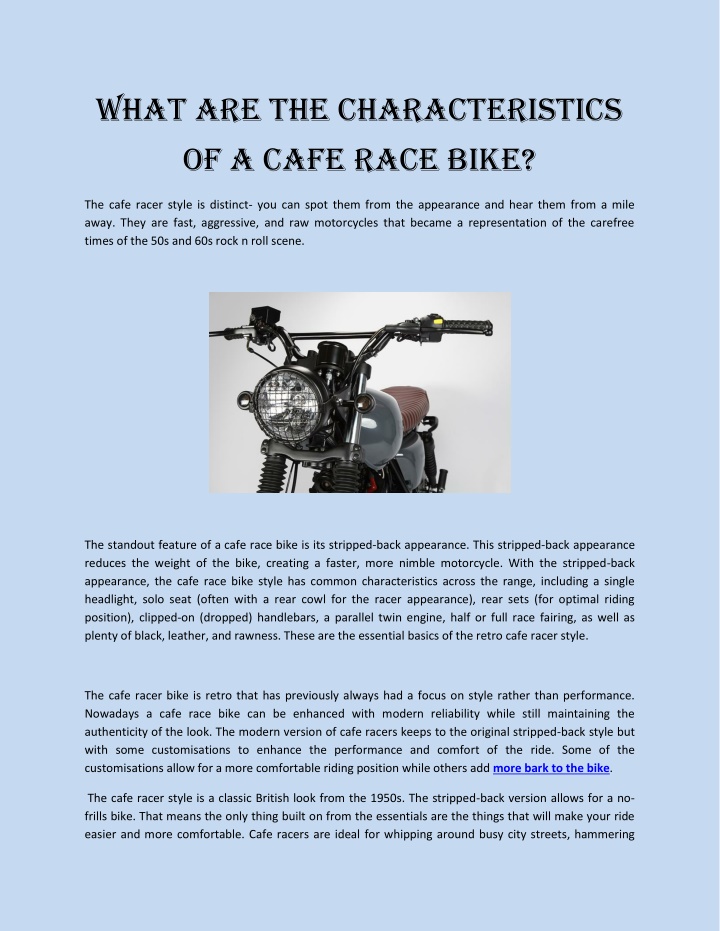 what are the characteristics of a cafe race bike