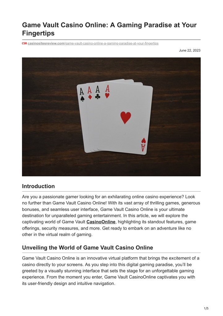 game vault casino online a gaming paradise