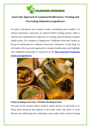 Ayurvedic Approach to Common Health Issues Treating and Preventing Ailments in Jogeshwari