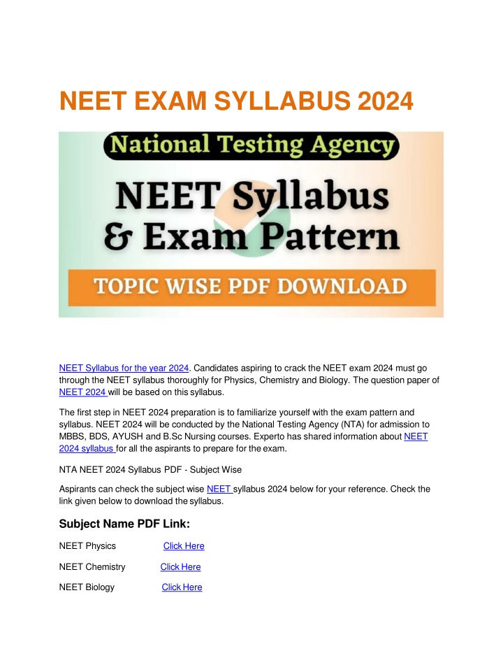 PPT NEET EXAM SYLLABUS 2024 PowerPoint Presentation, free download