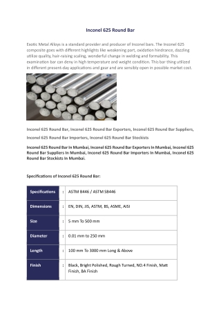 Specifications of Inconel 625 Round Bar