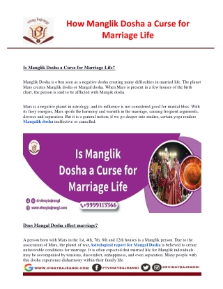 How Manglik Dosha a Curse for Marriage Life