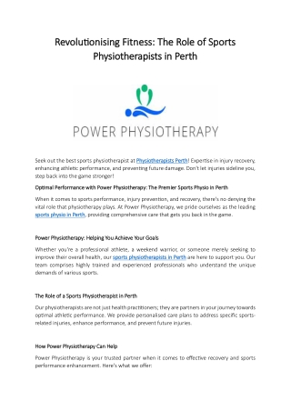 The Role of Sports Physiotherapists in Perth