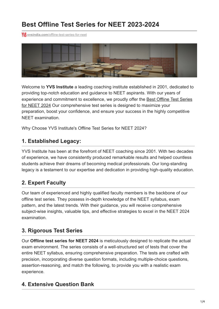 PPT Best Offline Test Series for NEET, YVS Institute Delhi PowerPoint