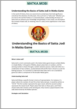 Understanding the Basics of Satta Jodi in Matka Game