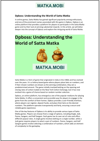 Dpboss: Understanding the World of Satta Matka