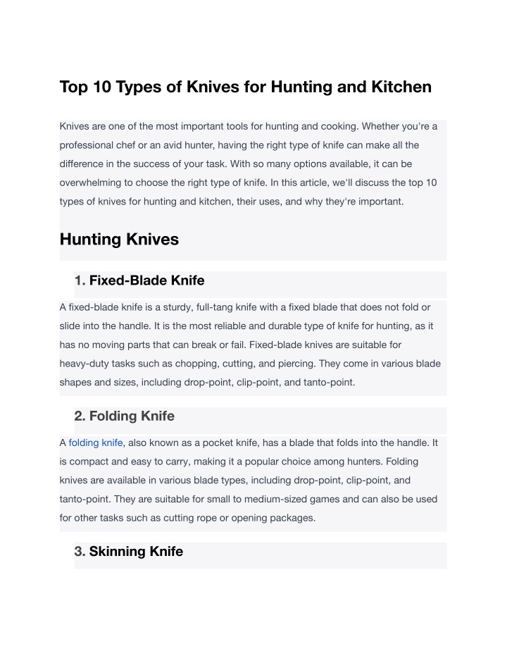 top 10 types of knives for hunting and kitchen