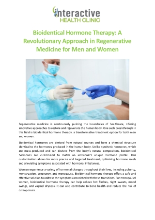 Bioidentical Hormone Therapy: A Revolutionary Approach in Regenerative Medicine
