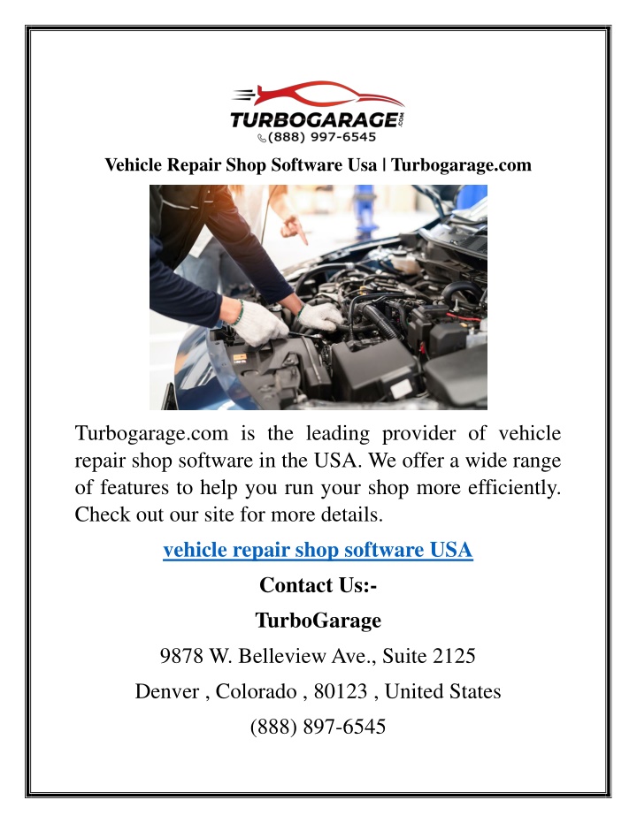 vehicle repair shop software usa turbogarage com