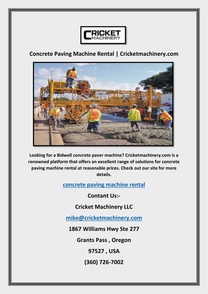concrete paving machine rental cricketmachinery