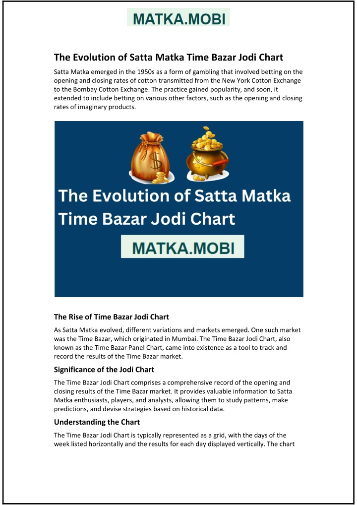 the evolution of satta matka time bazar jodi chart