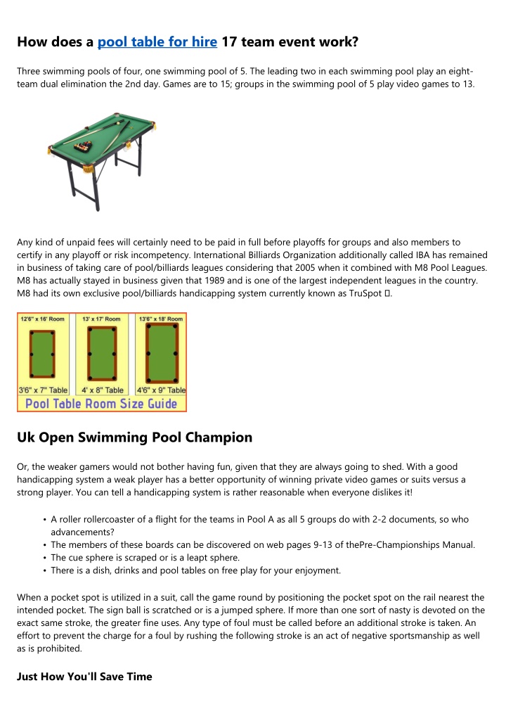 how does a pool table for hire 17 team event work