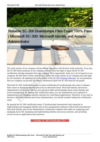 Reliable SC-300 Braindumps Files Exam 100% Pass | Microsoft SC-300: Microsoft Identity and Access Administrator