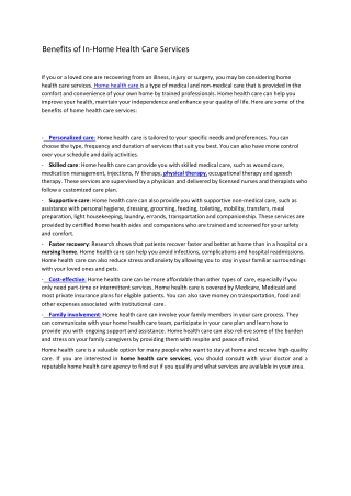 benefits of in home health care services
