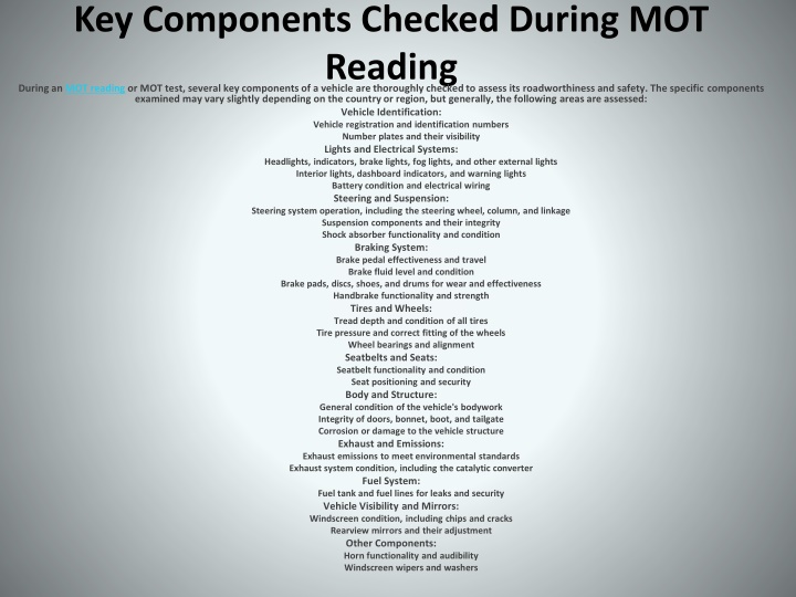 key components checked during mot reading