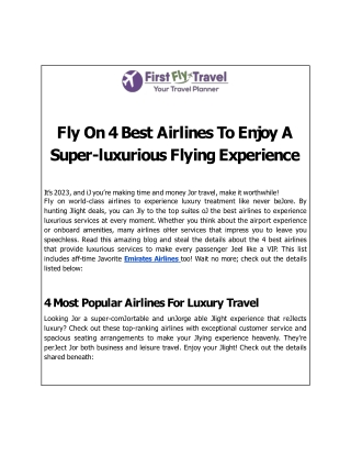 Fly On 4 Best Airlines To Enjoy Super- Luxurious Flying Experience