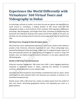 Experience the World Differently with Virtualeyes' 360 Virtual Tours and Videography in Dubai
