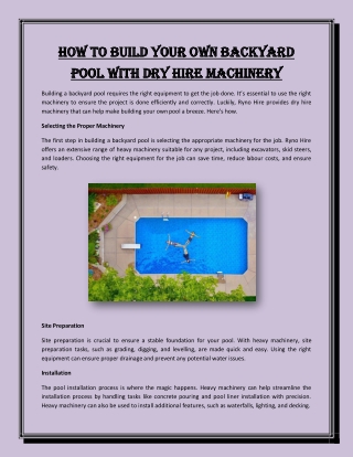 How to Build your own Backyard Pool with Dry Hire Machinery