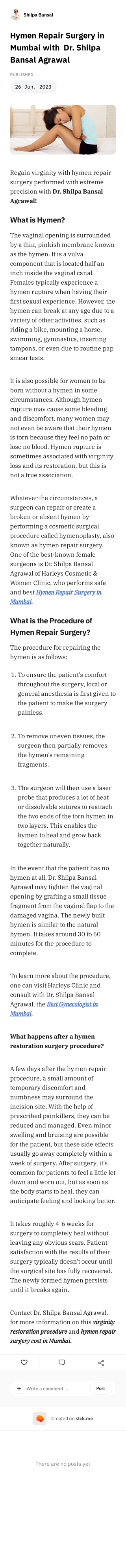 Hymen Repair Surgery in Mumbai with  Dr. Shilpa Bansal Agrawal
