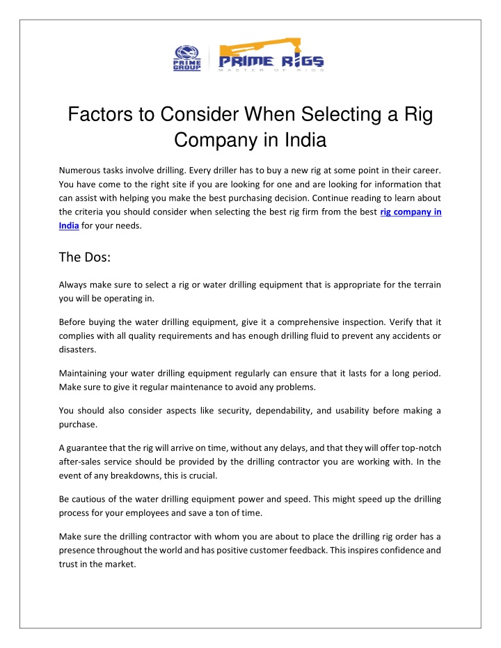 factors to consider when selecting a rig company