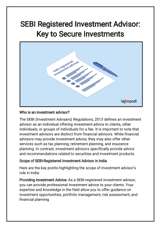 SEBI Registered Investment Advisor Key to Secure Investments