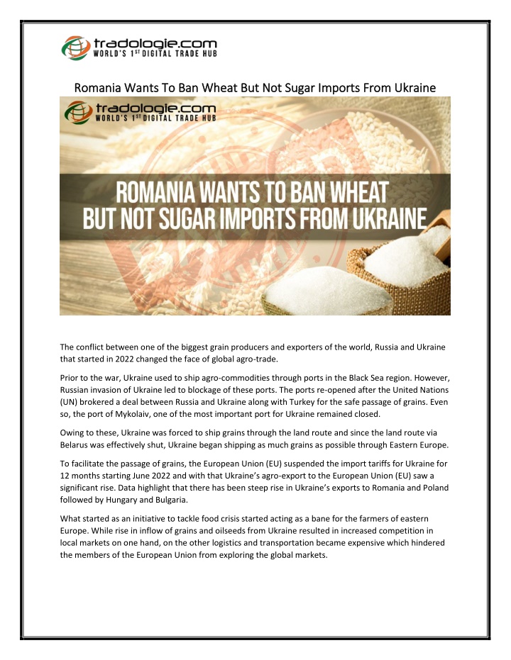 romania wants to ban wheat but not sugar imports