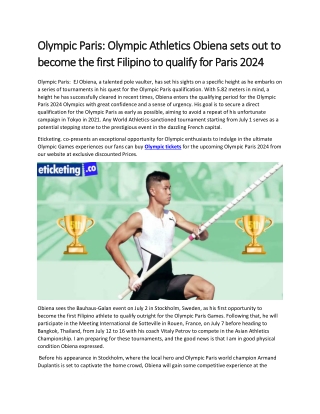 Olympic Paris Olympic Athletics Obiena sets out to become the first Filipino to qualify for Paris 2024