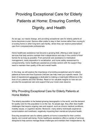 Home Care for Elderly Patients: Exceptional Comfort, Dignity & Health