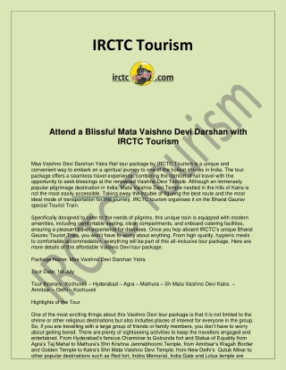Vaishno Devi Tour Packages: Explore Spiritual Essence with IRCTC Tourism