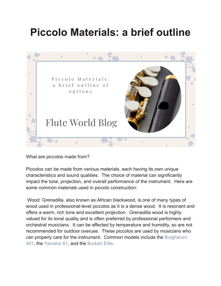 piccolo materials a brief outline