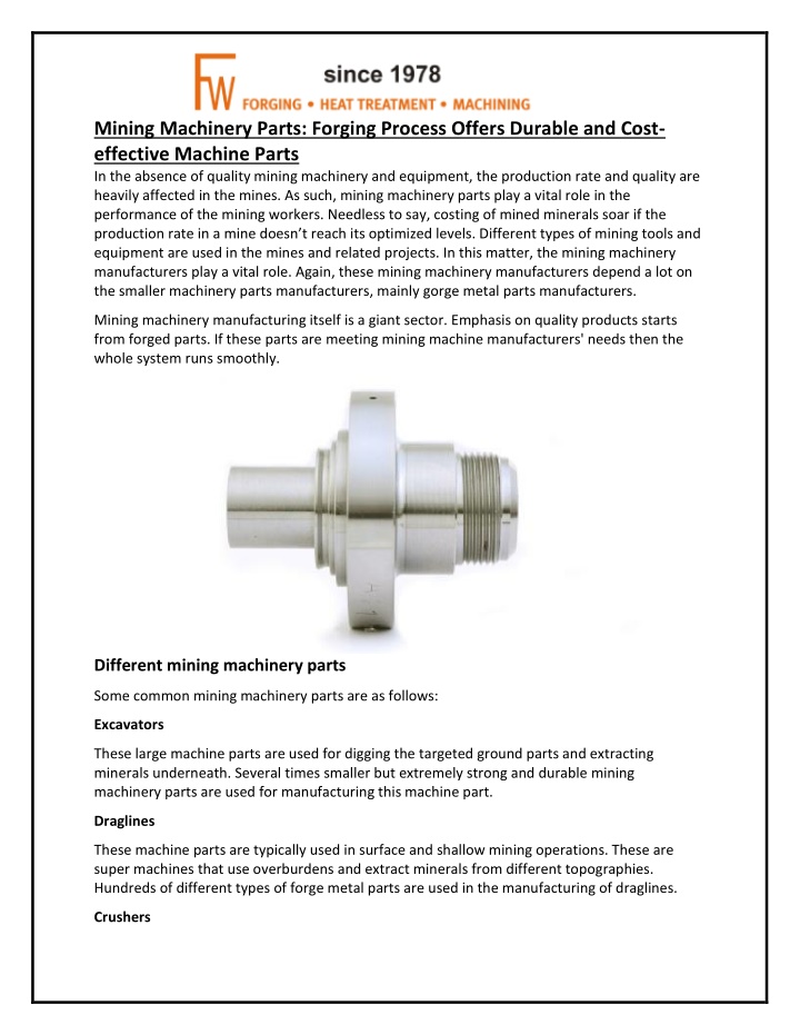 mining machinery parts forging process offers