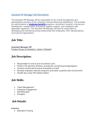 Assistant hr manager job description