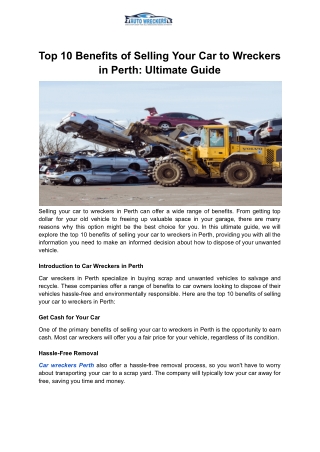 Benefits of Selling Your Car to Wreckers in Perth: Ultimate Guide