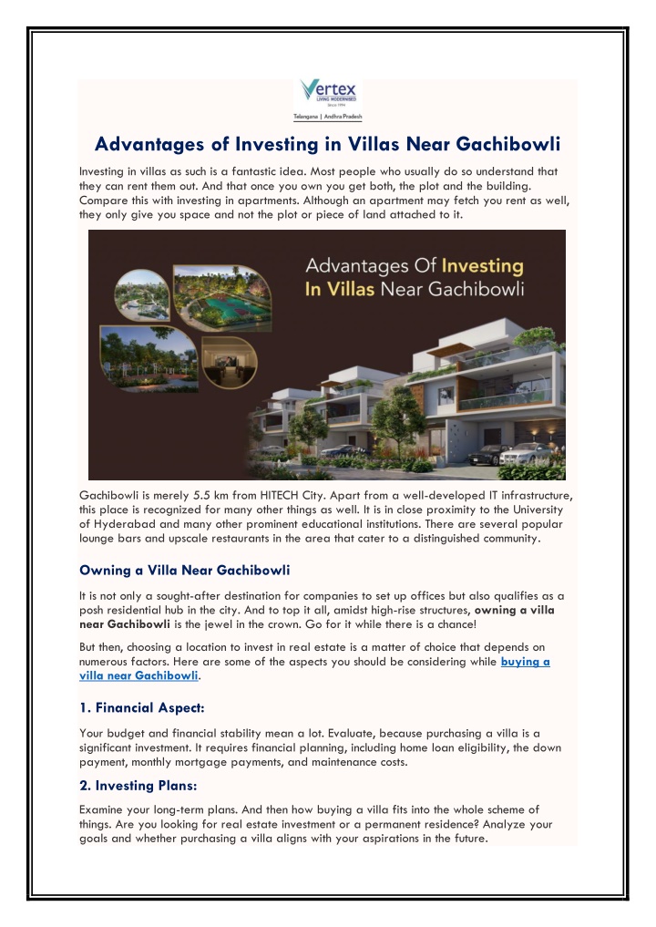 advantages of investing in villas near gachibowli