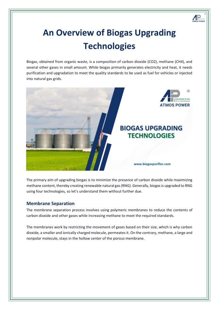an overview of biogas upgrading technologies
