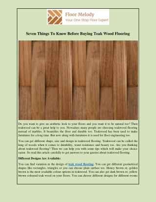 Seven Things To Know Before Buying Teak Wood Flooring