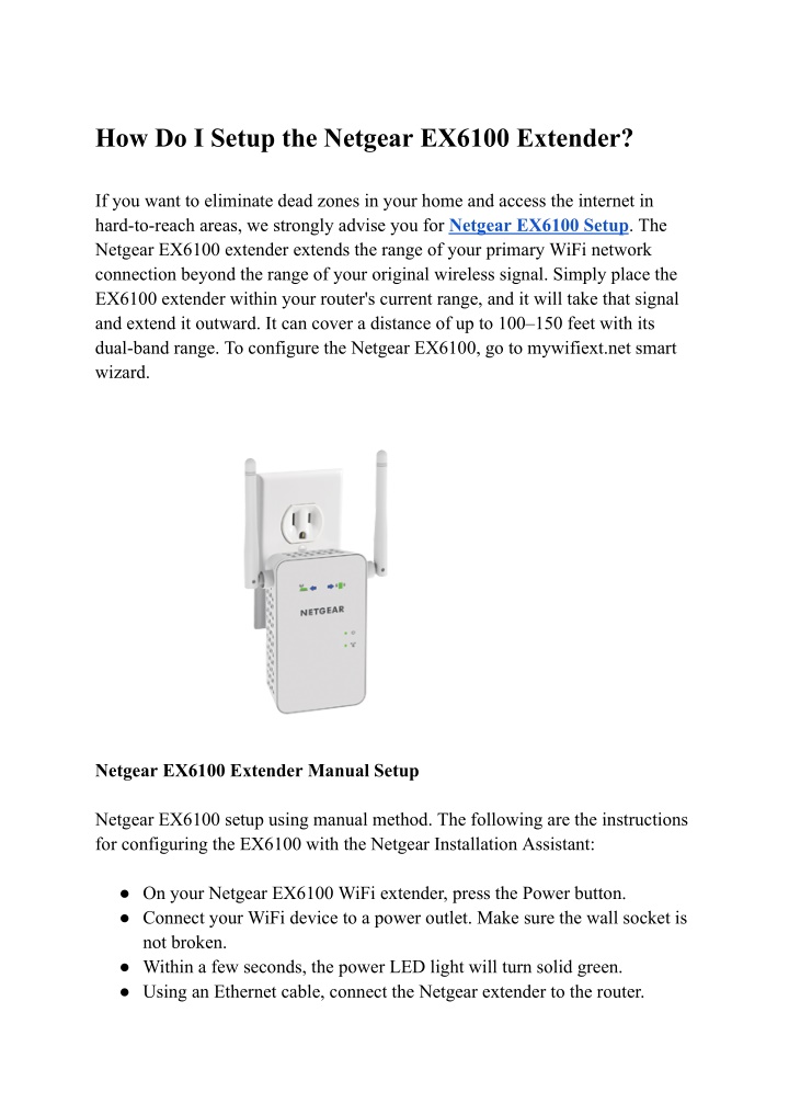 how do i setup the netgear ex6100 extender