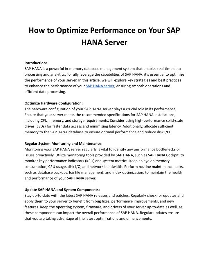 how to optimize performance on your sap hana