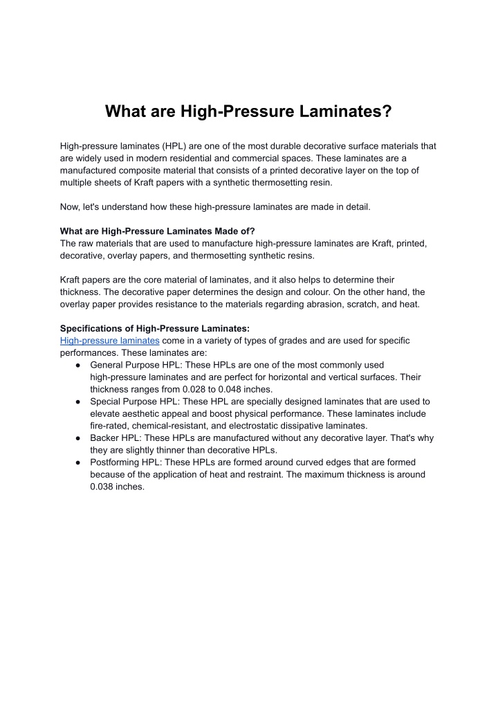 what are high pressure laminates