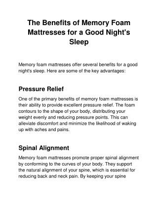 The Benefits of Memory Foam Mattresses for a Good Night