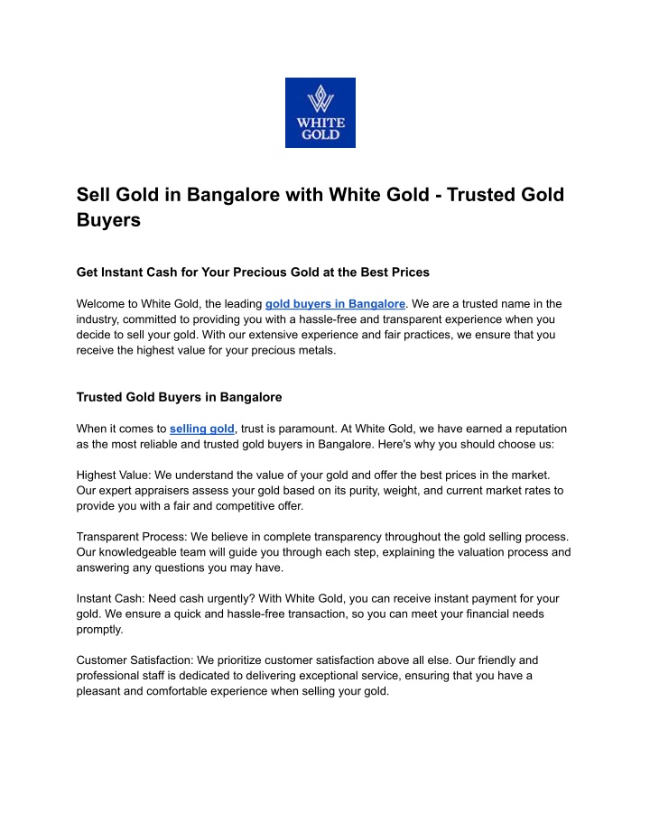 sell gold in bangalore with white gold trusted