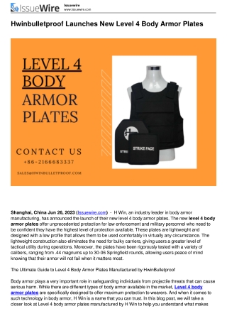 H Win Launches New Level 4 Body Armor Plates