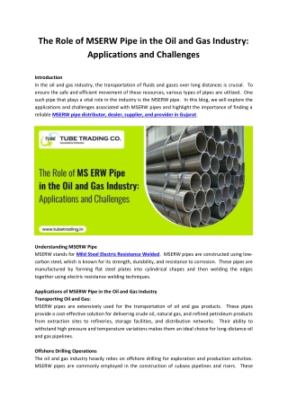 The Role of MSERW Pipe in the Oil and Gas Industry Applications and Challenges