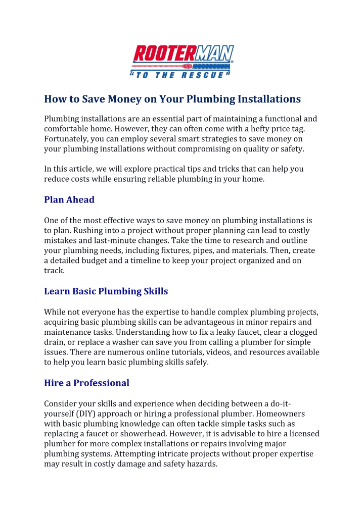 how to save money on your plumbing installations