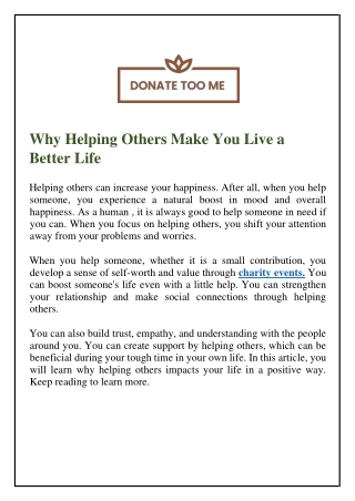 Why Helping Others Make You Live a Better Life